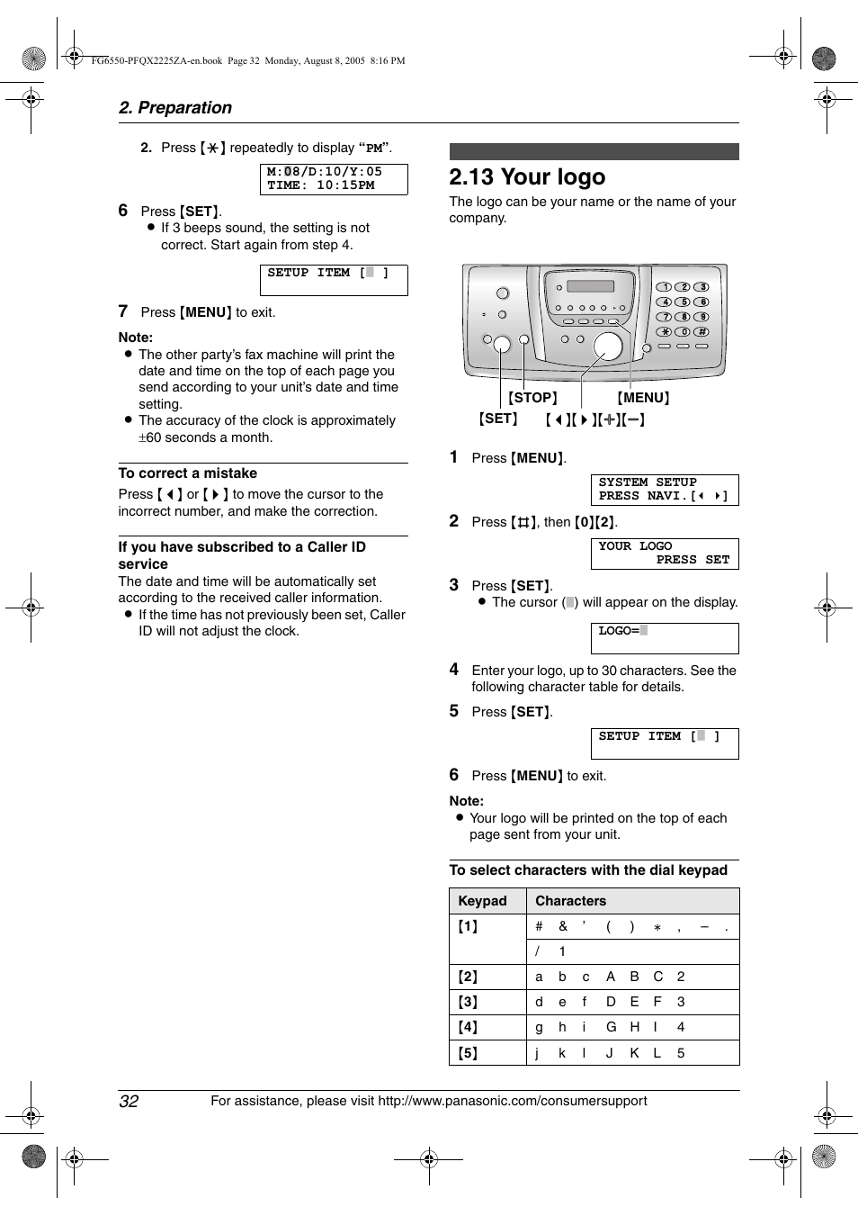 13 your logo, Your logo, 13 your logo | Preparation 32 | Panasonic KX-FG6550 User Manual | Page 34 / 126