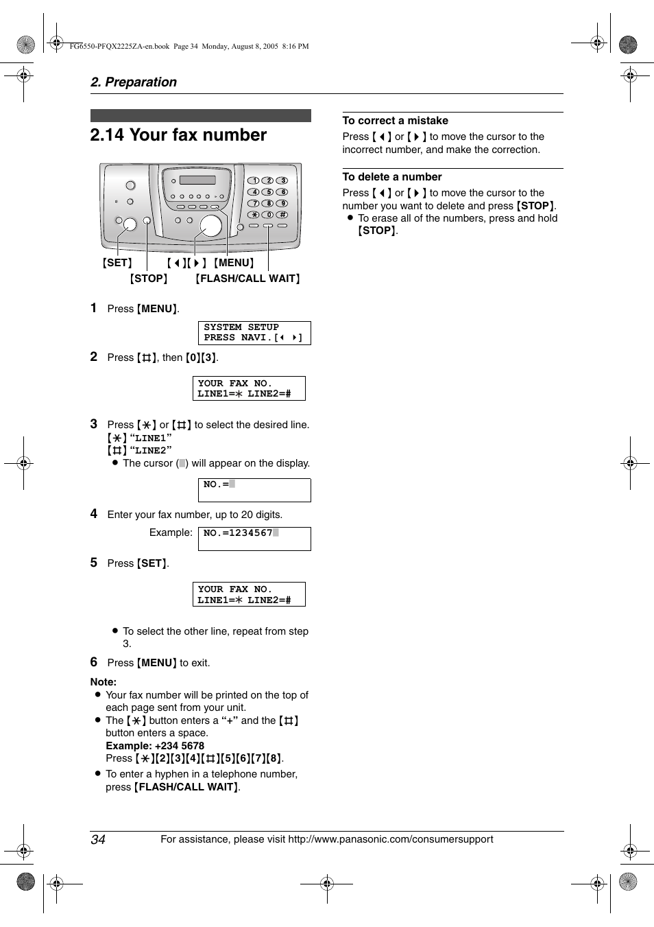 14 your fax number, Your fax number, 14 your fax number | Preparation 34 | Panasonic KX-FG6550 User Manual | Page 36 / 126
