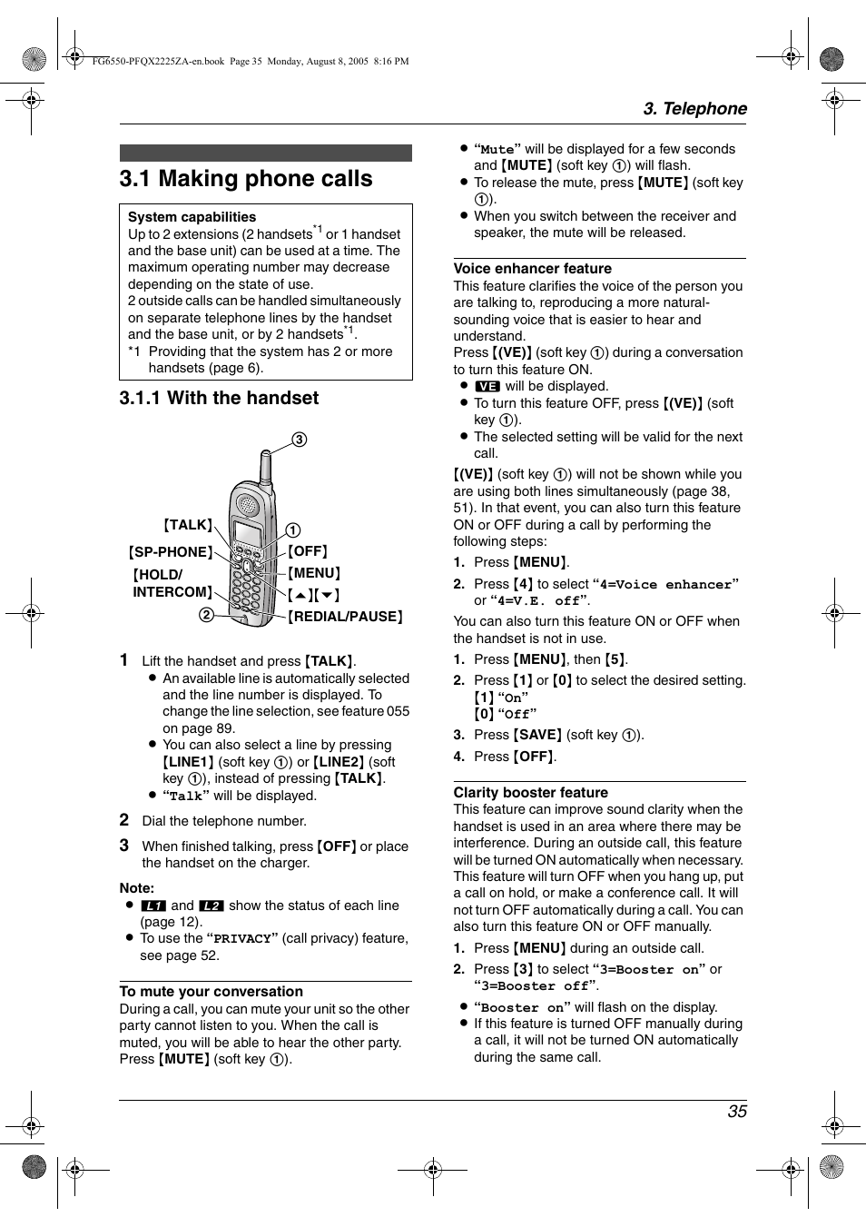 Telephone, Making and answering calls, 1 making phone calls | Making phone calls, 1 making phone calls, 1 with the handset, Telephone 35 | Panasonic KX-FG6550 User Manual | Page 37 / 126