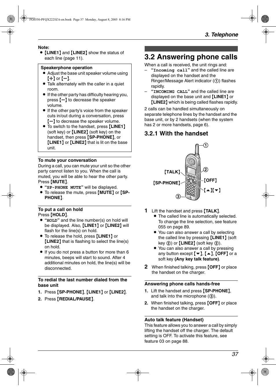 2 answering phone calls, Answering phone calls, 2 answering phone calls | 1 with the handset, Telephone 37 | Panasonic KX-FG6550 User Manual | Page 39 / 126