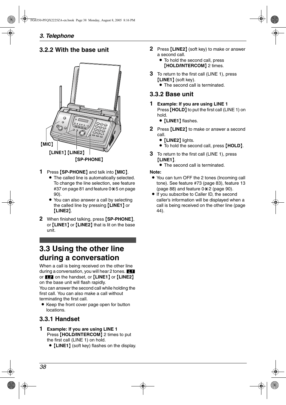 3 using the other line during a conversation, Automatic dialing, Using the other line during a conversation | 3 using the other line during a conversation, 2 with the base unit, 1 handset, 2 base unit | Panasonic KX-FG6550 User Manual | Page 40 / 126