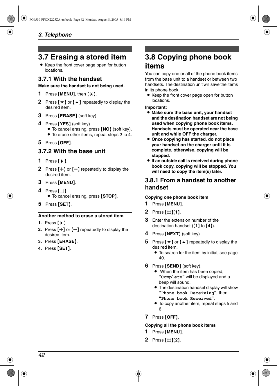 7 erasing a stored item, 8 copying phone book items, Erasing a stored item | Copying phone book items, 7 erasing a stored item, 8 copying phone book items, 1 with the handset, 2 with the base unit, 1 from a handset to another handset | Panasonic KX-FG6550 User Manual | Page 44 / 126