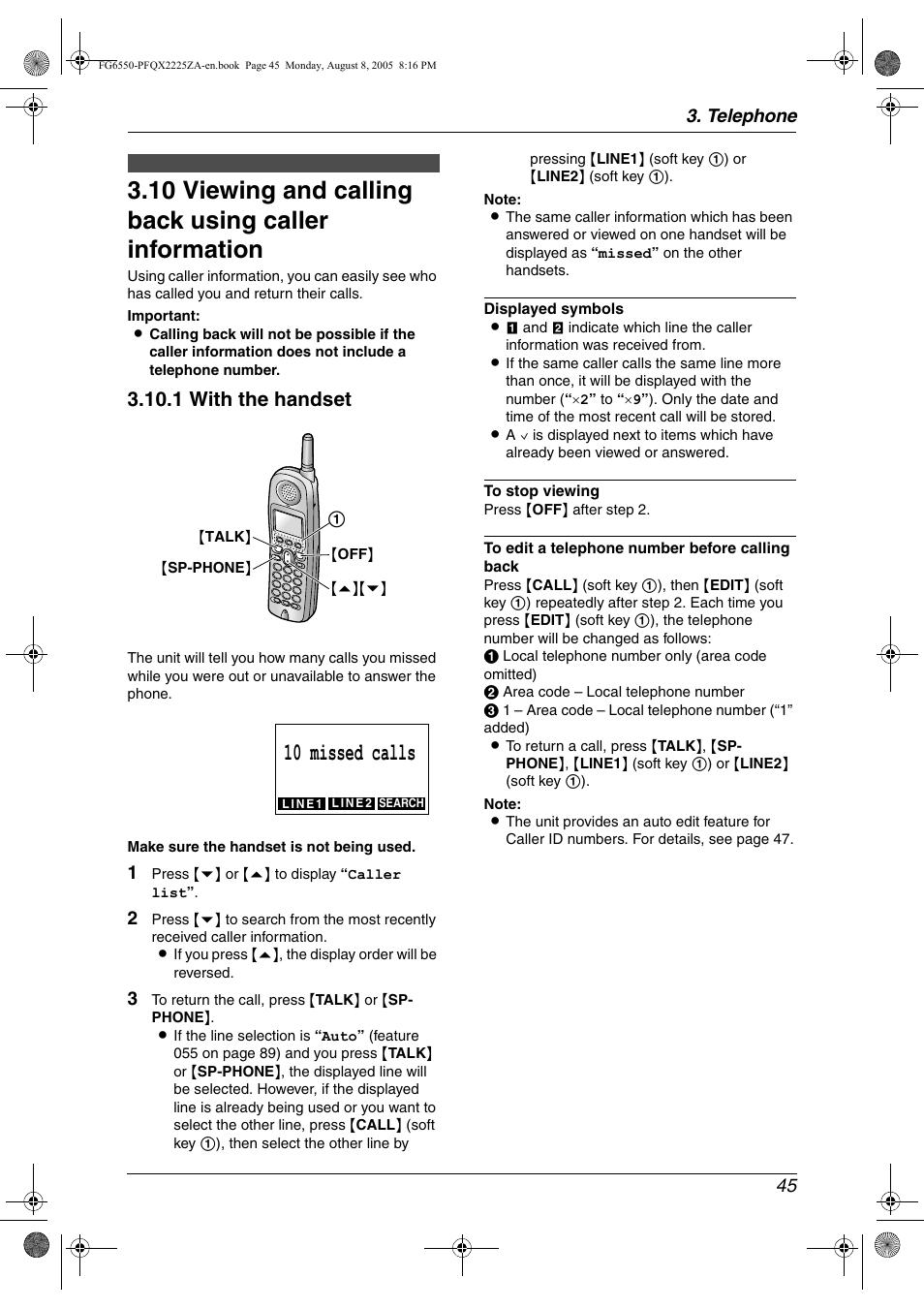 Viewing and calling back using caller, Information, 10 missed calls | 1 with the handset, Telephone 45 | Panasonic KX-FG6550 User Manual | Page 47 / 126