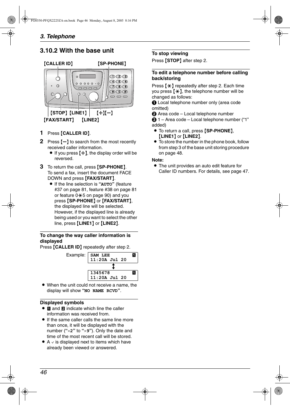 2 with the base unit, Telephone 46 | Panasonic KX-FG6550 User Manual | Page 48 / 126