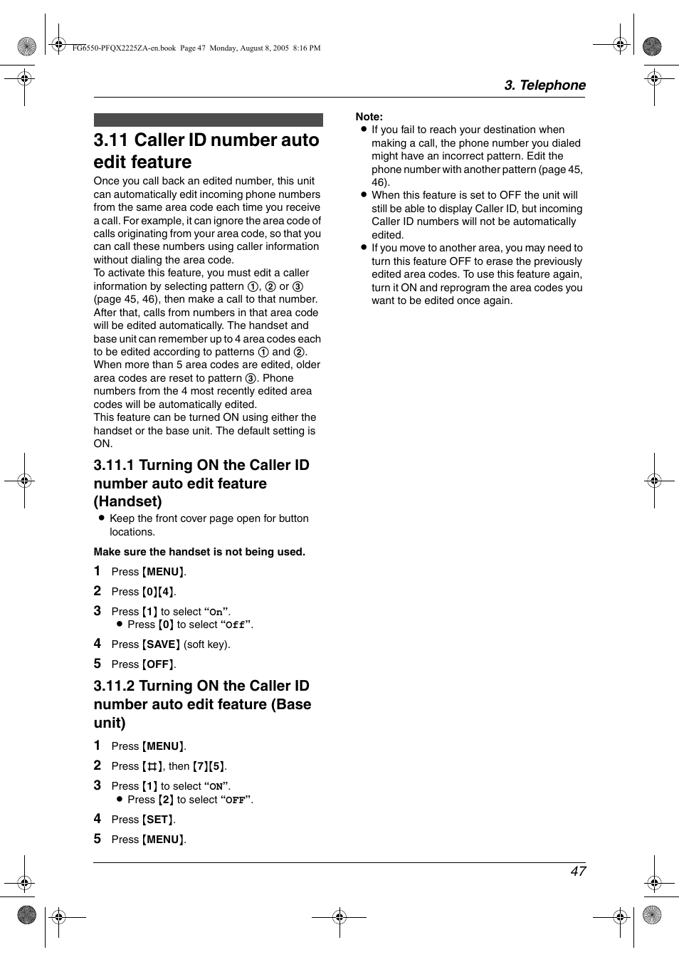 11 caller id number auto edit feature, Caller id number auto edit feature, 11 caller id number auto edit feature | Panasonic KX-FG6550 User Manual | Page 49 / 126