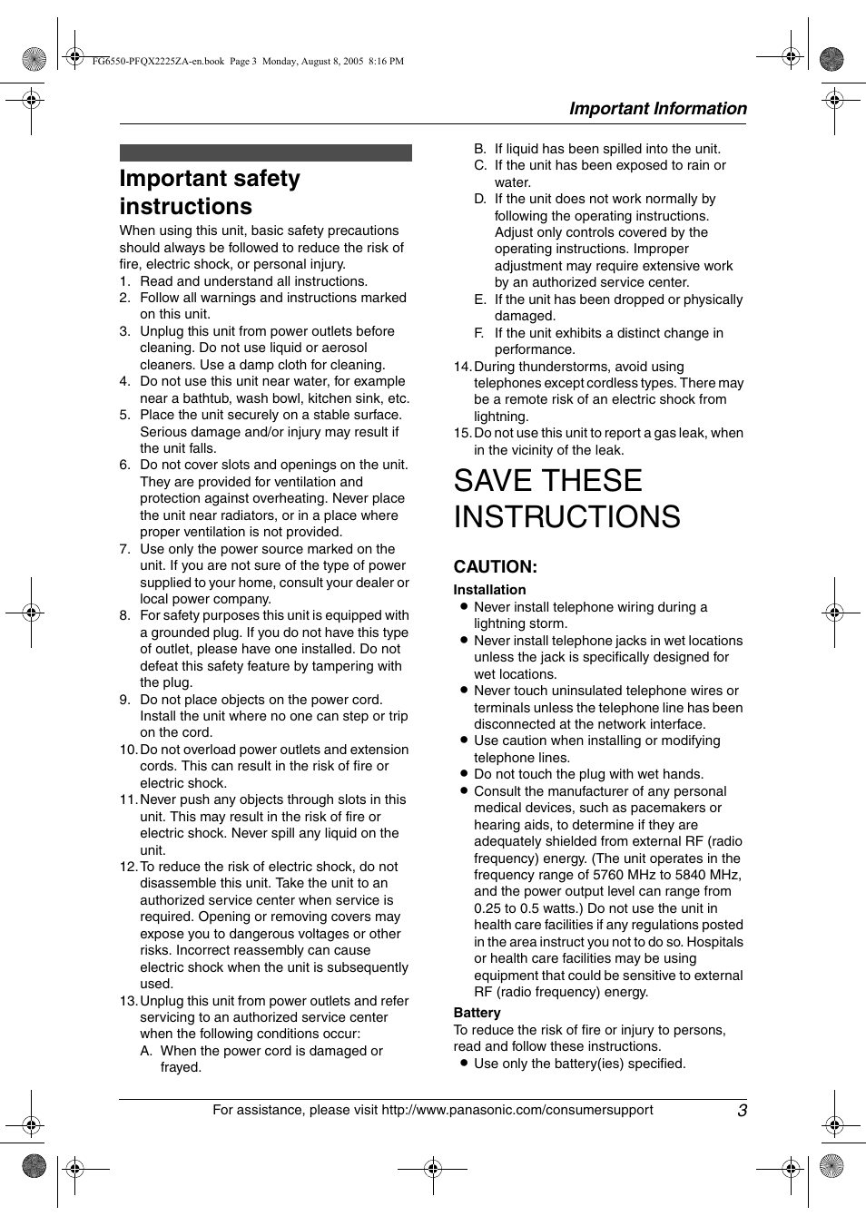 Important information, Safety instructions, Important safety instructions | Save these instructions, Important information 3, Caution | Panasonic KX-FG6550 User Manual | Page 5 / 126