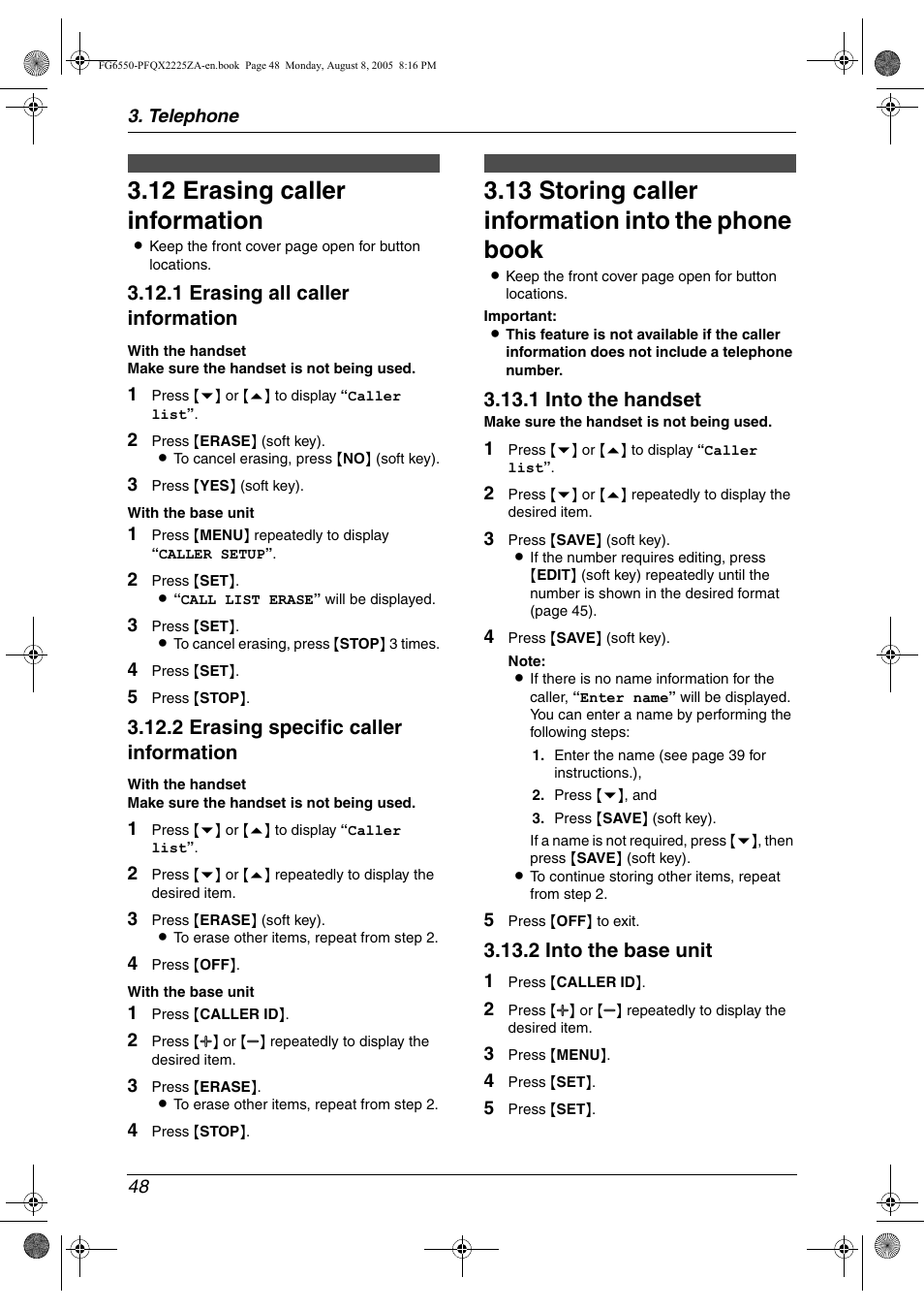 12 erasing caller information, 13 storing caller information into the phone book, Erasing caller information | Storing caller information into the, Phone book, Ep 3 of, 12 erasing caller information, 13 storing caller information into the phone book, 1 erasing all caller information, 2 erasing specific caller information | Panasonic KX-FG6550 User Manual | Page 50 / 126