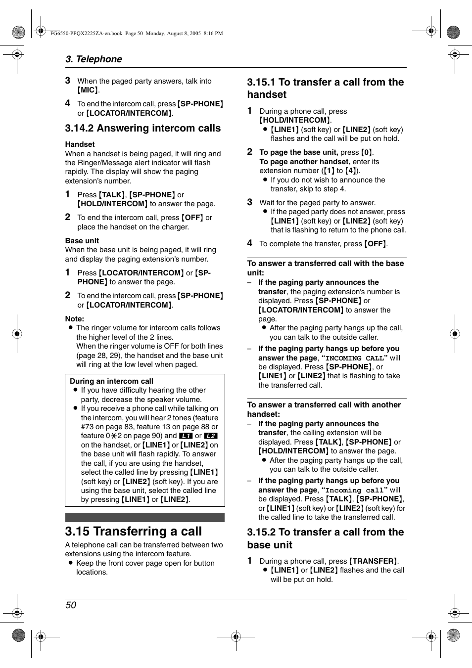 15 transferring a call, Transferring a call, 15 transferring a call | 2 answering intercom calls, 1 to transfer a call from the handset, 2 to transfer a call from the base unit | Panasonic KX-FG6550 User Manual | Page 52 / 126