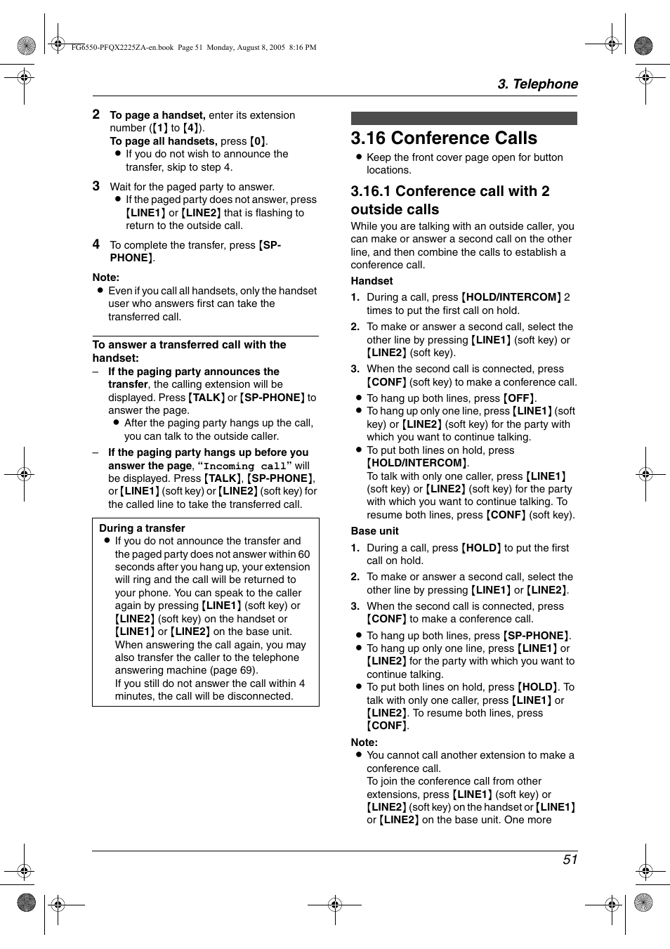 16 conference calls, Conference calls, 51). in that e | 16 conference calls, 1 conference call with 2 outside calls, Telephone 51 2 | Panasonic KX-FG6550 User Manual | Page 53 / 126