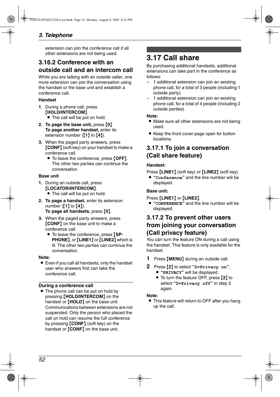 17 call share, Call share, 17 call share | 1 to join a conversation (call share feature), Telephone 52 | Panasonic KX-FG6550 User Manual | Page 54 / 126