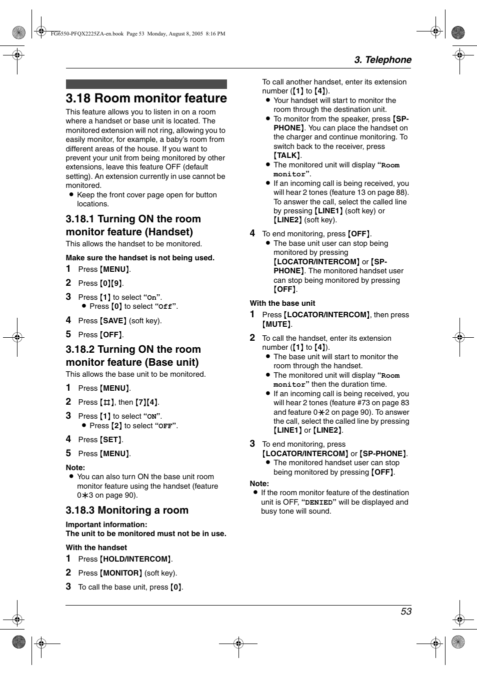 18 room monitor feature, Room monitor feature, 18 room monitor feature | 1 turning on the room monitor feature (handset), 2 turning on the room monitor feature (base unit), 3 monitoring a room | Panasonic KX-FG6550 User Manual | Page 55 / 126