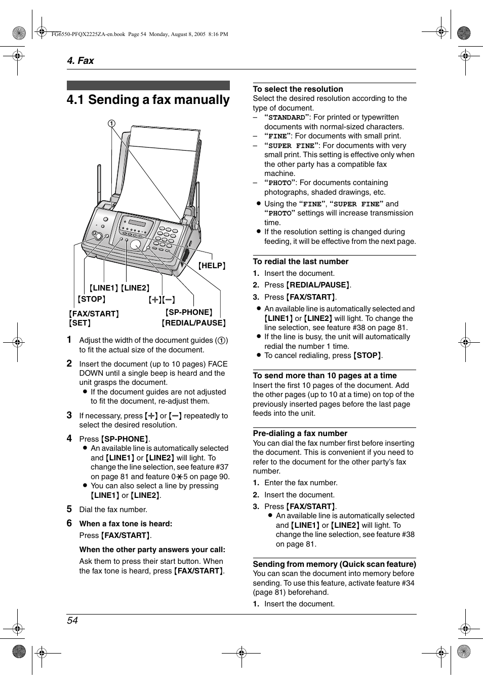 Sending faxes, 1 sending a fax manually, Sending a fax manually | 1 sending a fax manually, Fax 54 | Panasonic KX-FG6550 User Manual | Page 56 / 126