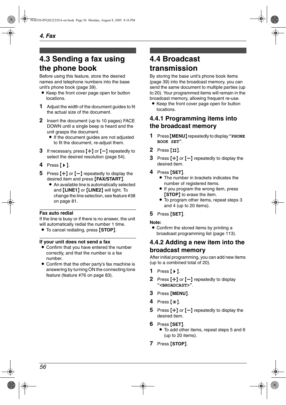 3 sending a fax using the phone book, 4 broadcast transmission, Sending a fax using the phone book | Broadcast transmission, 3 sending a fax using the phone book, 4 broadcast transmission | Panasonic KX-FG6550 User Manual | Page 58 / 126