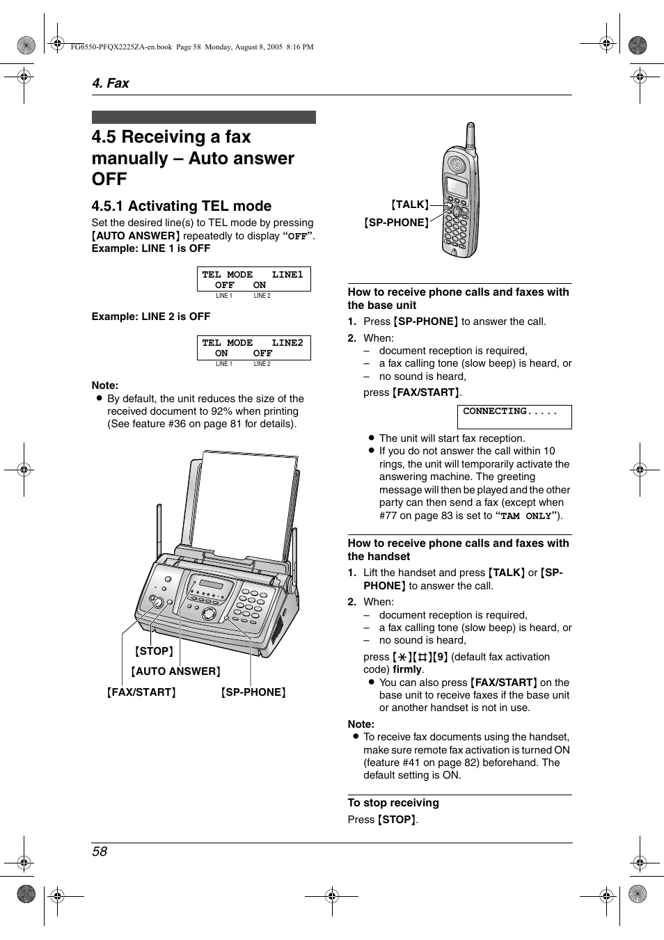Receiving faxes, 5 receiving a fax manually – auto answer off, Receiving a fax manually – auto answer off | 5 receiving a fax manually – auto answer off, 1 activating tel mode, Fax 58 | Panasonic KX-FG6550 User Manual | Page 60 / 126