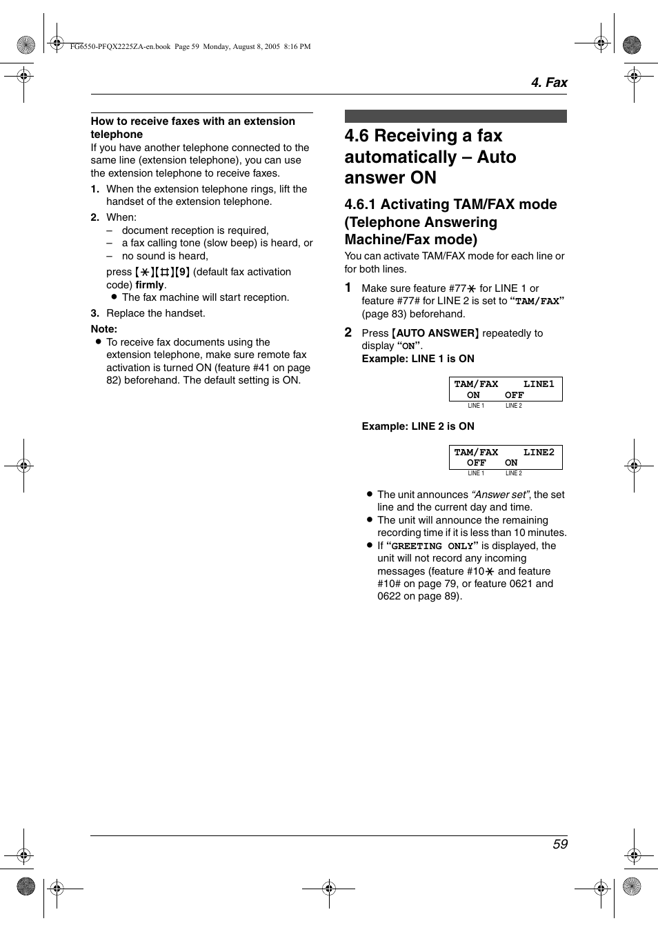 6 receiving a fax automatically – auto answer on, Receiving a fax automatically – auto answer on, 6 receiving a fax automatically – auto answer on | Fax 59 | Panasonic KX-FG6550 User Manual | Page 61 / 126