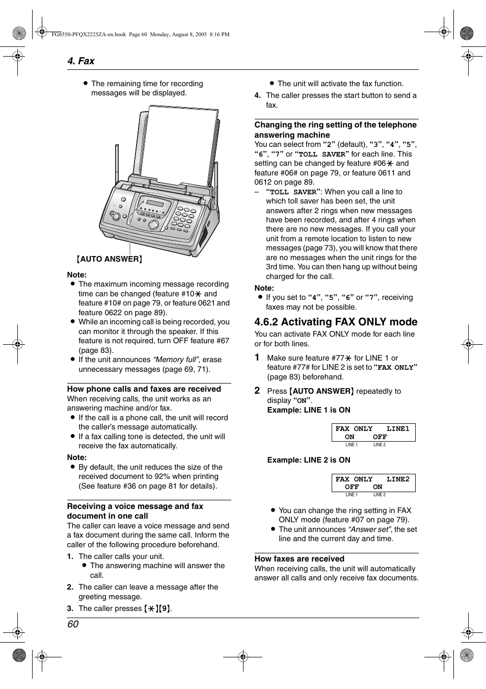 2 activating fax only mode, Fax 60 | Panasonic KX-FG6550 User Manual | Page 62 / 126