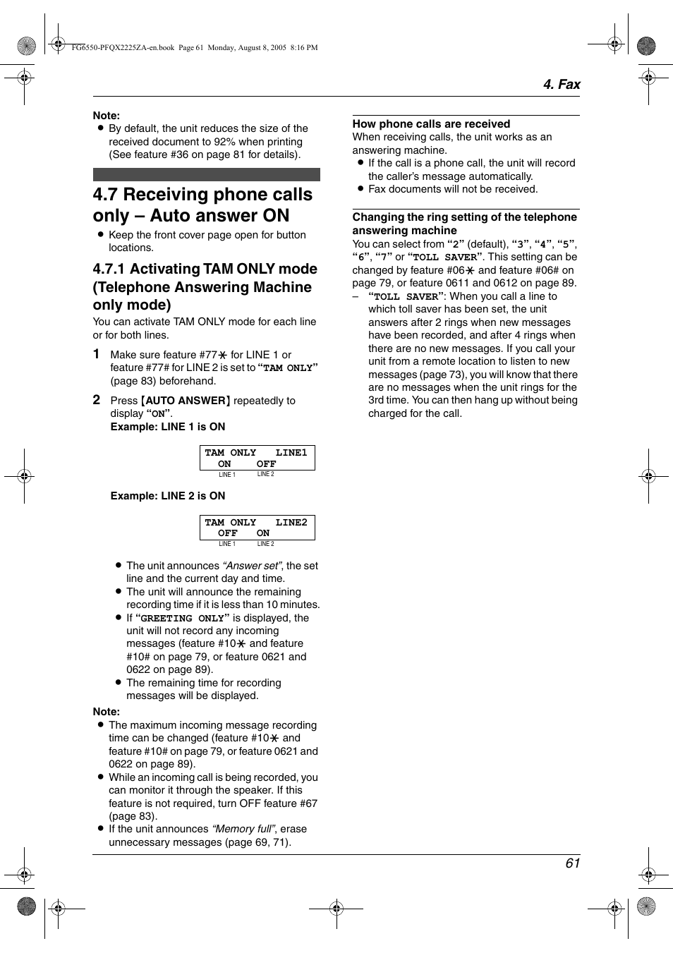 7 receiving phone calls only – auto answer on, Receiving phone calls only – auto answer on, 7 receiving phone calls only – auto answer on | Fax 61 | Panasonic KX-FG6550 User Manual | Page 63 / 126