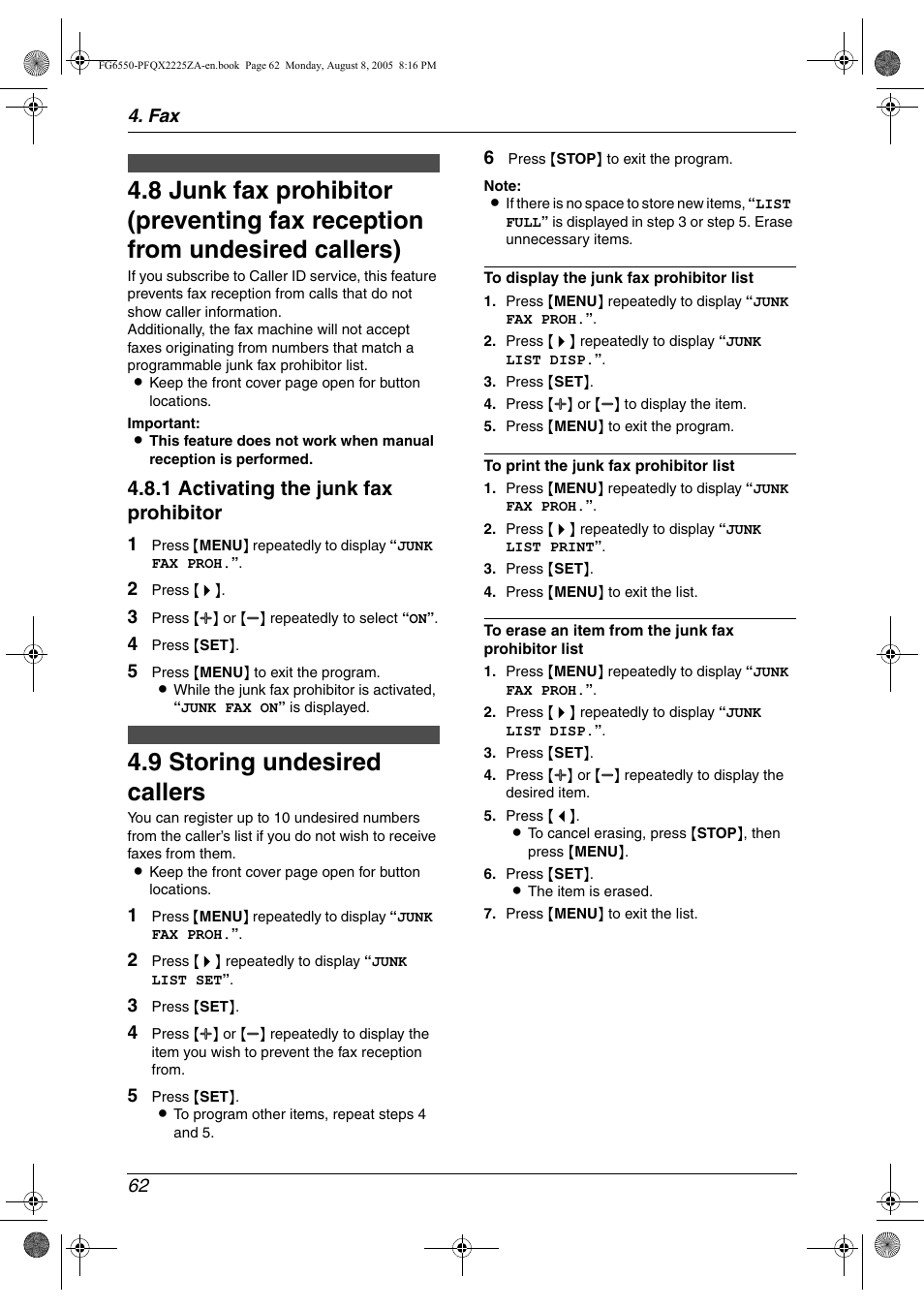 9 storing undesired callers, Storing undesired callers, 9 storing undesired callers | 1 activating the junk fax prohibitor | Panasonic KX-FG6550 User Manual | Page 64 / 126
