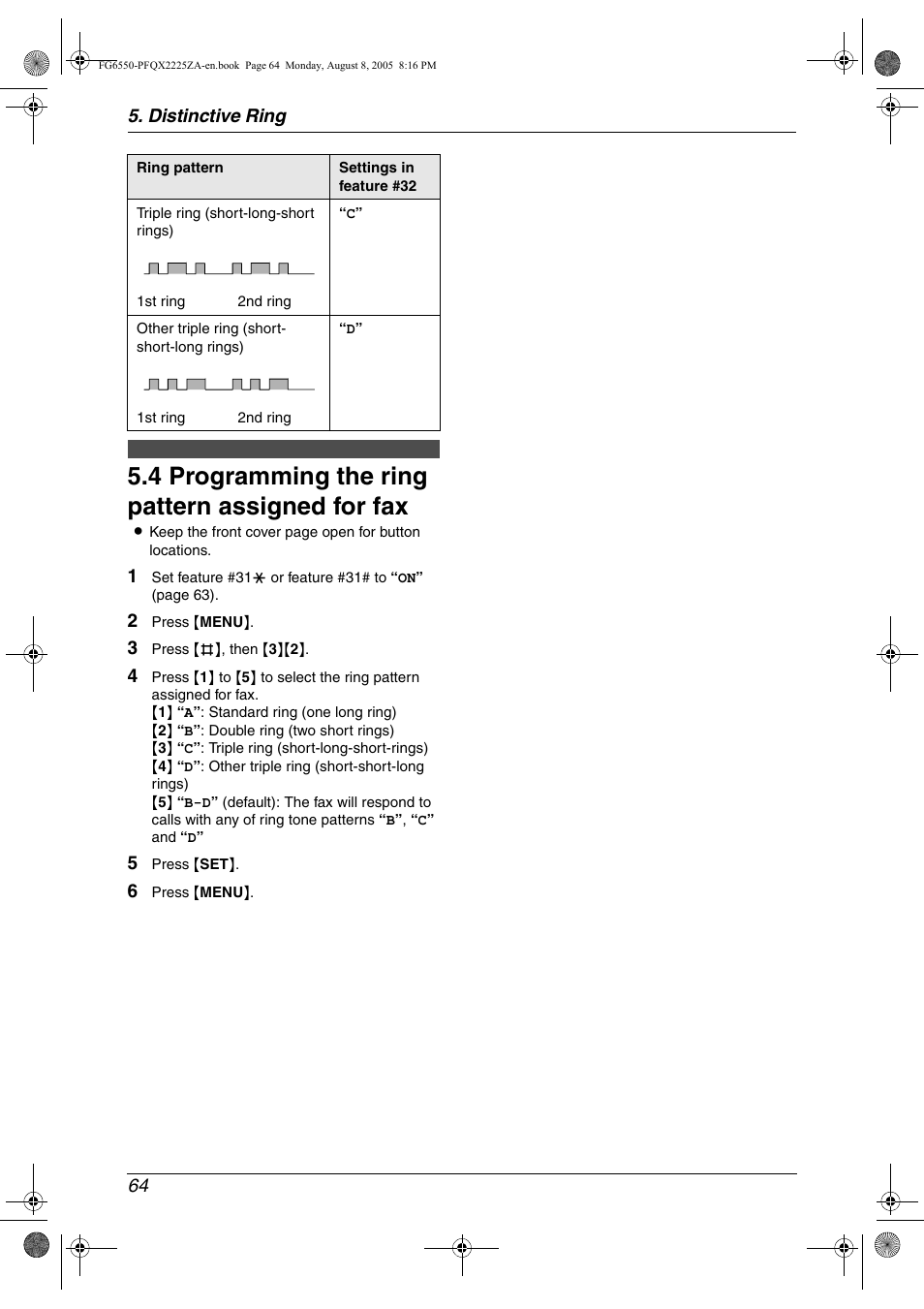 4 programming the ring pattern assigned for fax, Programming the ring pattern assigned for fax, 4 programming the ring pattern assigned for fax | Panasonic KX-FG6550 User Manual | Page 66 / 126