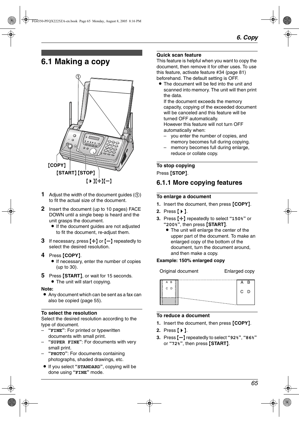 Copy, Copying, 1 making a copy | Making a copy, 1 making a copy, 1 more copying features, Copy 65 | Panasonic KX-FG6550 User Manual | Page 67 / 126
