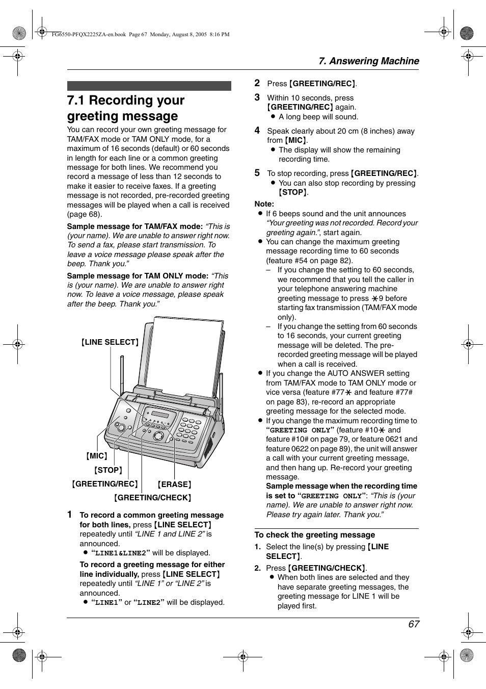 Answering machine, Greeting, 1 recording your greeting message | Recording your greeting message, 1 recording your greeting message, Answering machine 67 | Panasonic KX-FG6550 User Manual | Page 69 / 126