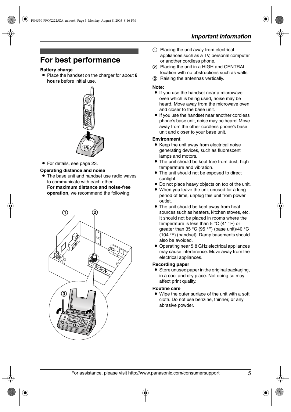 For best performance, Important information 5 | Panasonic KX-FG6550 User Manual | Page 7 / 126