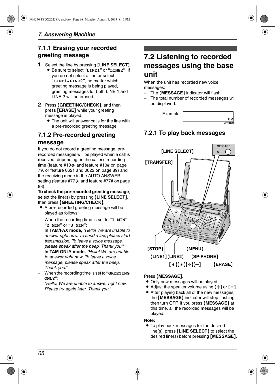 Incoming messages, Listening to recorded messages using the base unit, 1 erasing your recorded greeting message | 2 pre-recorded greeting message, 1 to play back messages, Answering machine 68 | Panasonic KX-FG6550 User Manual | Page 70 / 126