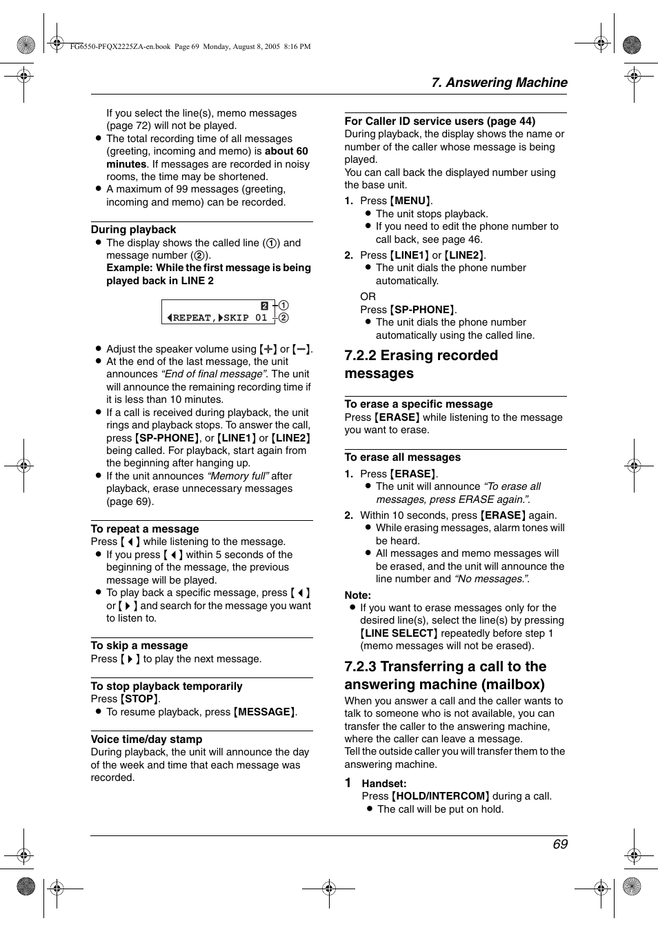 2 erasing recorded messages, Answering machine 69 | Panasonic KX-FG6550 User Manual | Page 71 / 126