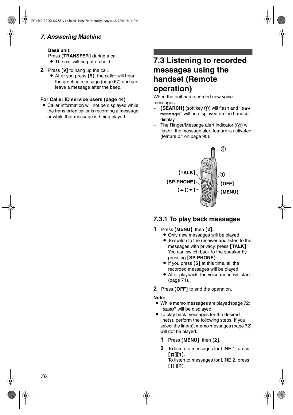 1 to play back messages | Panasonic KX-FG6550 User Manual | Page 72 / 126
