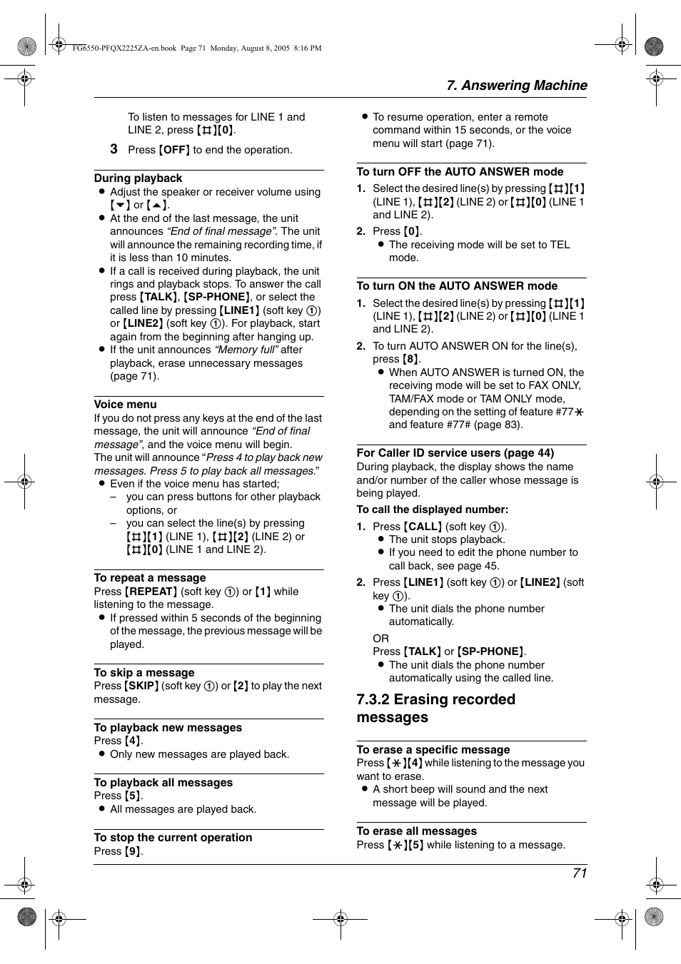 2 erasing recorded messages, Answering machine 71 | Panasonic KX-FG6550 User Manual | Page 73 / 126