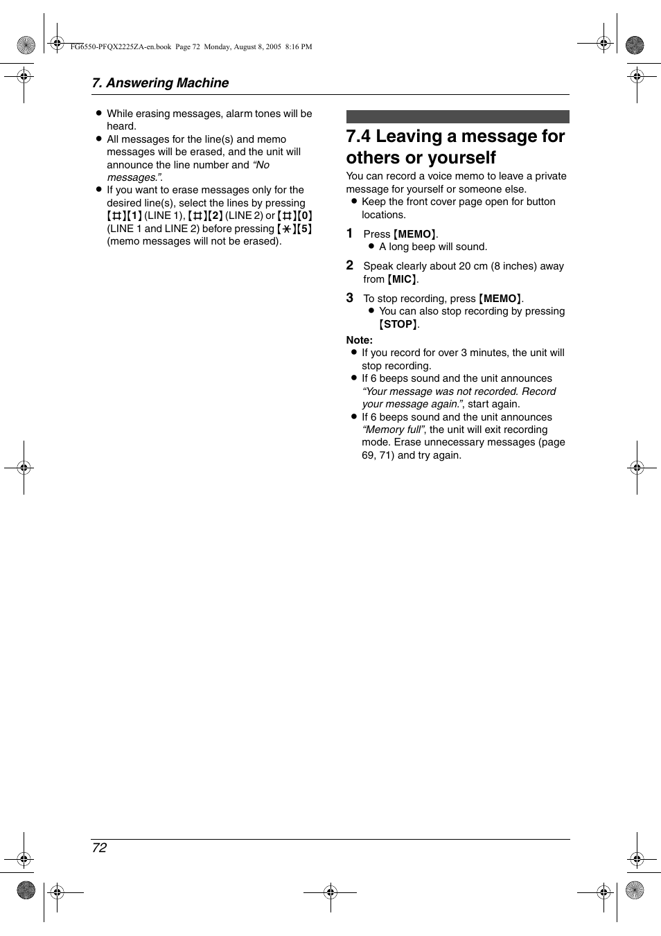 Memo message, 4 leaving a message for others or yourself, Leaving a message for others or yourself | 4 leaving a message for others or yourself, Answering machine 72 | Panasonic KX-FG6550 User Manual | Page 74 / 126