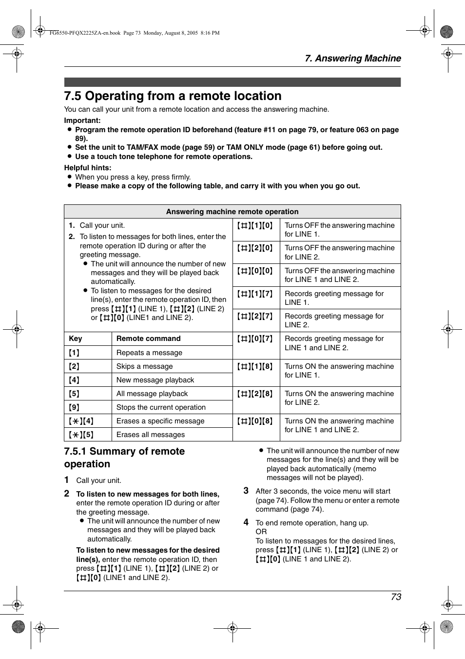 Remote operation, 5 operating from a remote location, Operating from a remote location | 5 operating from a remote location, 1 summary of remote operation, Answering machine 73 | Panasonic KX-FG6550 User Manual | Page 75 / 126