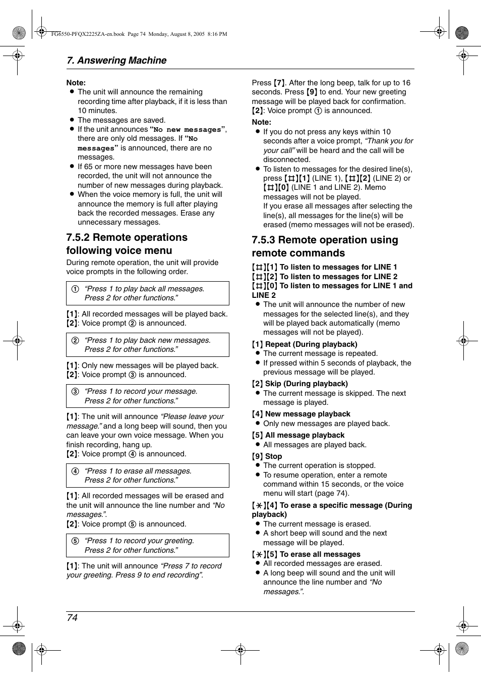 2 remote operations following voice menu, 3 remote operation using remote commands, Answering machine 74 | Panasonic KX-FG6550 User Manual | Page 76 / 126