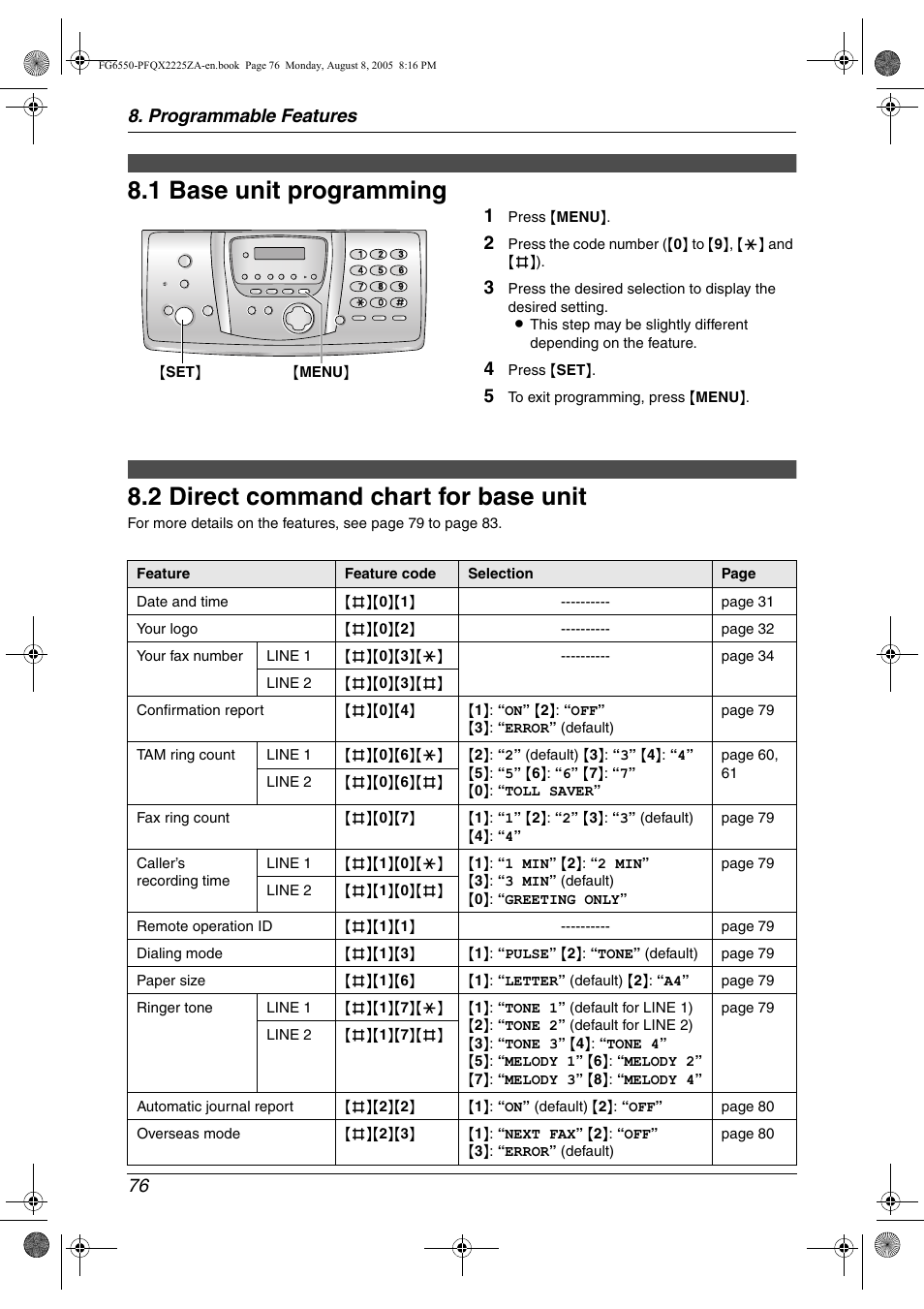 Programmable features, Features (base unit), 1 base unit programming | 2 direct command chart for base unit, Base unit programming, Direct command chart for base unit . 76, 1 base unit programming, 2 direct command chart for base unit, Programmable features 76 | Panasonic KX-FG6550 User Manual | Page 78 / 126