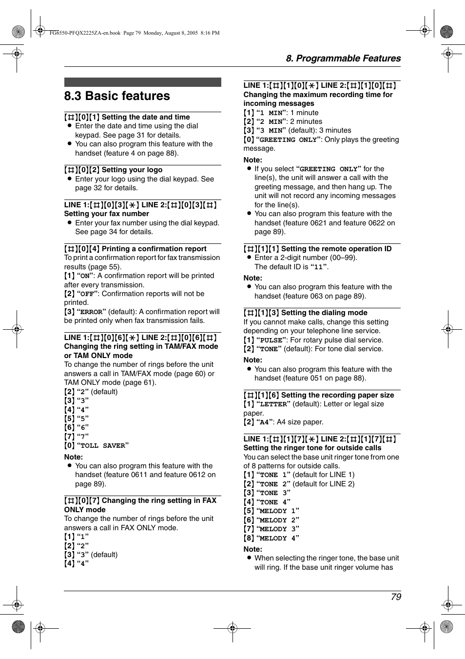 3 basic features, Basic features, 3 basic features | Programmable features 79 | Panasonic KX-FG6550 User Manual | Page 81 / 126