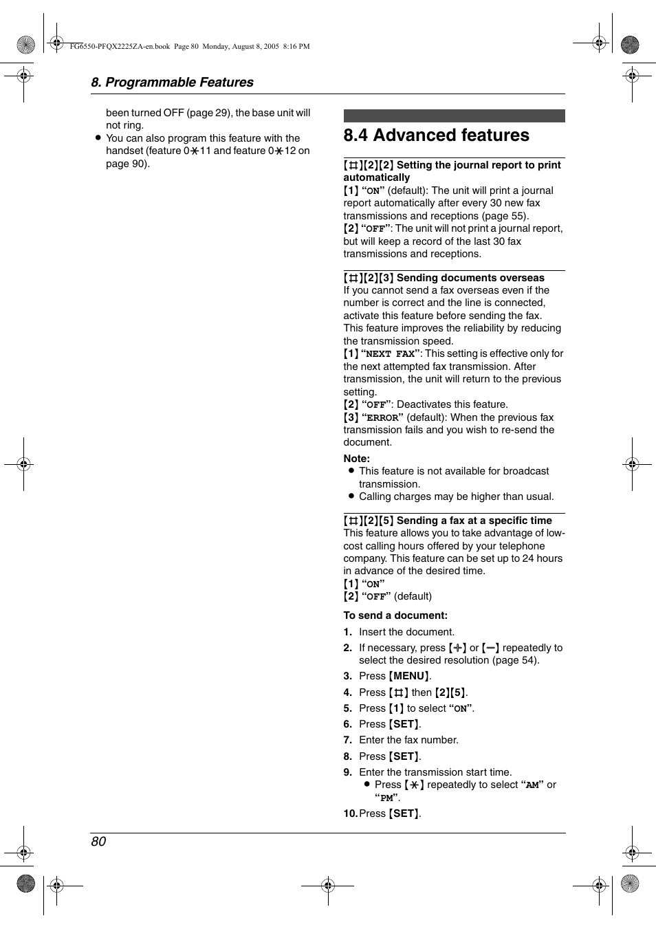 4 advanced features, Advanced features, 4 advanced features | Programmable features 80 | Panasonic KX-FG6550 User Manual | Page 82 / 126
