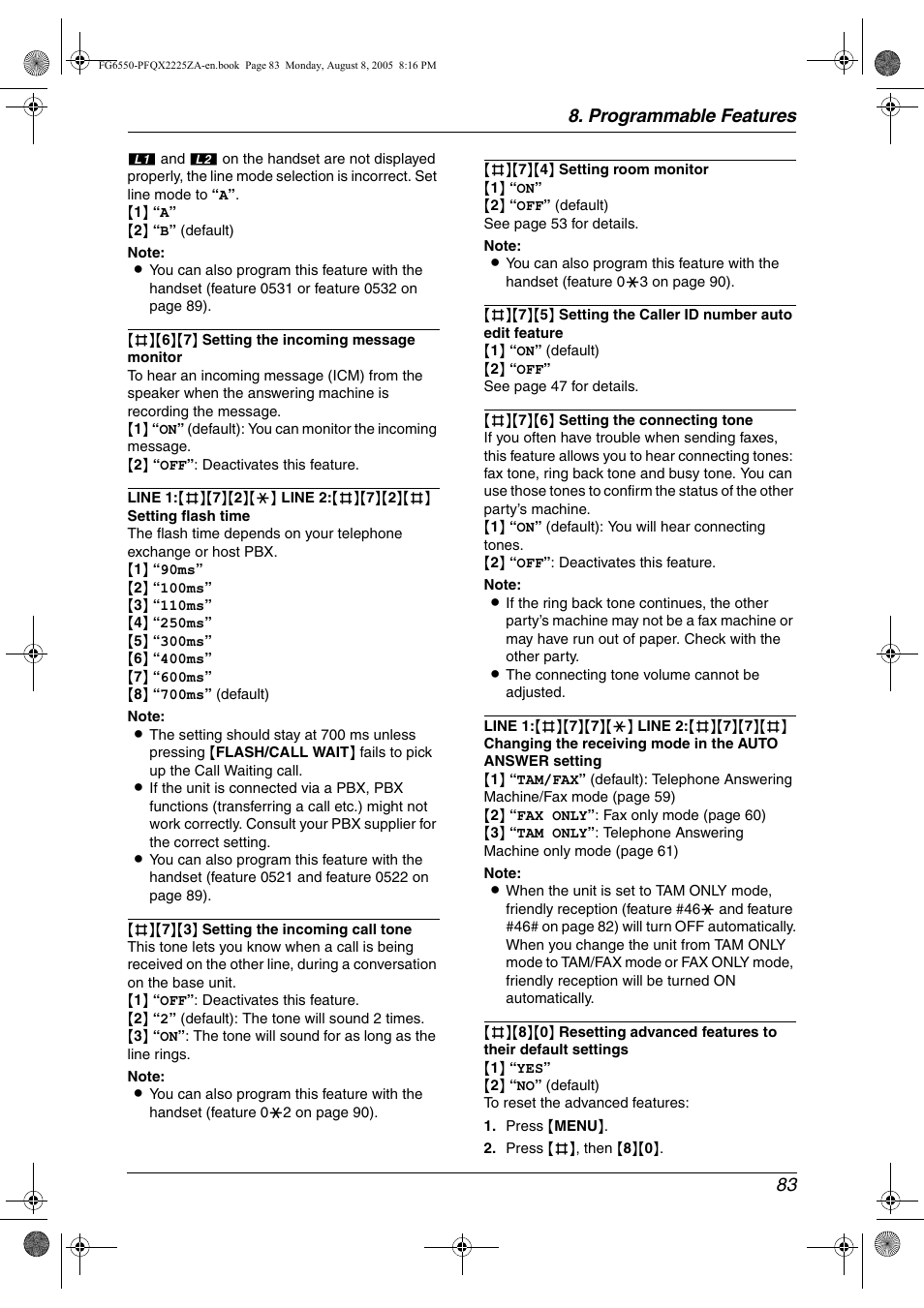Programmable features 83 | Panasonic KX-FG6550 User Manual | Page 85 / 126