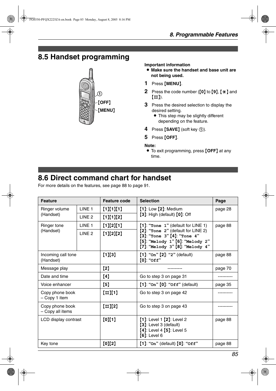 Features (handset), 5 handset programming, 6 direct command chart for handset | Handset programming, Direct command chart for handset, 5 handset programming, 6 direct command chart for handset, Programmable features 85 | Panasonic KX-FG6550 User Manual | Page 87 / 126