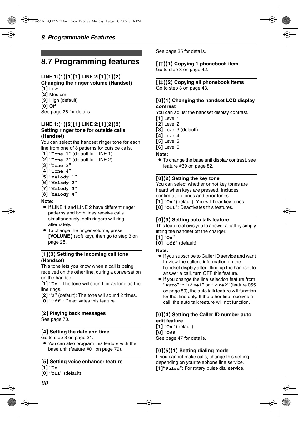 7 programming features, Programming features, 7 programming features | Programmable features 88 | Panasonic KX-FG6550 User Manual | Page 90 / 126
