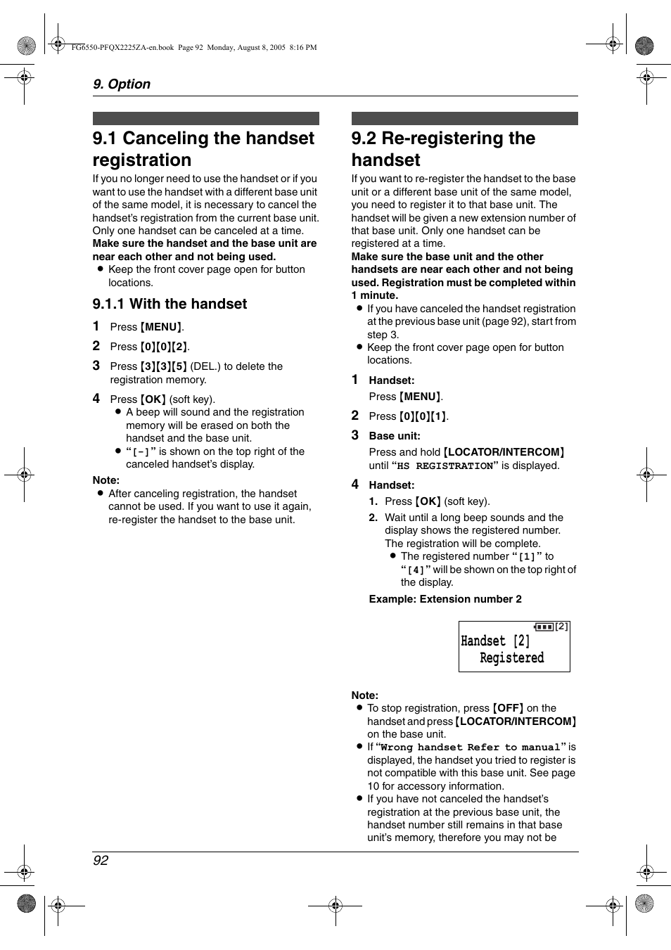 Option, Handset registration, 1 canceling the handset registration | 2 re-registering the handset, Canceling the handset registration, Re-registering the handset, 1 canceling the handset registration, 2 re-registering the handset, Handset [2] registered, 1 with the handset | Panasonic KX-FG6550 User Manual | Page 94 / 126