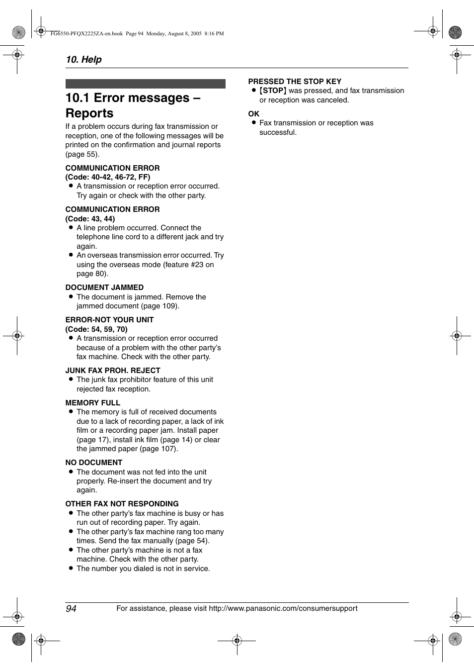 Help, Error messages, 1 error messages – reports | Error messages – reports, 1 error messages – reports, Help 94 | Panasonic KX-FG6550 User Manual | Page 96 / 126