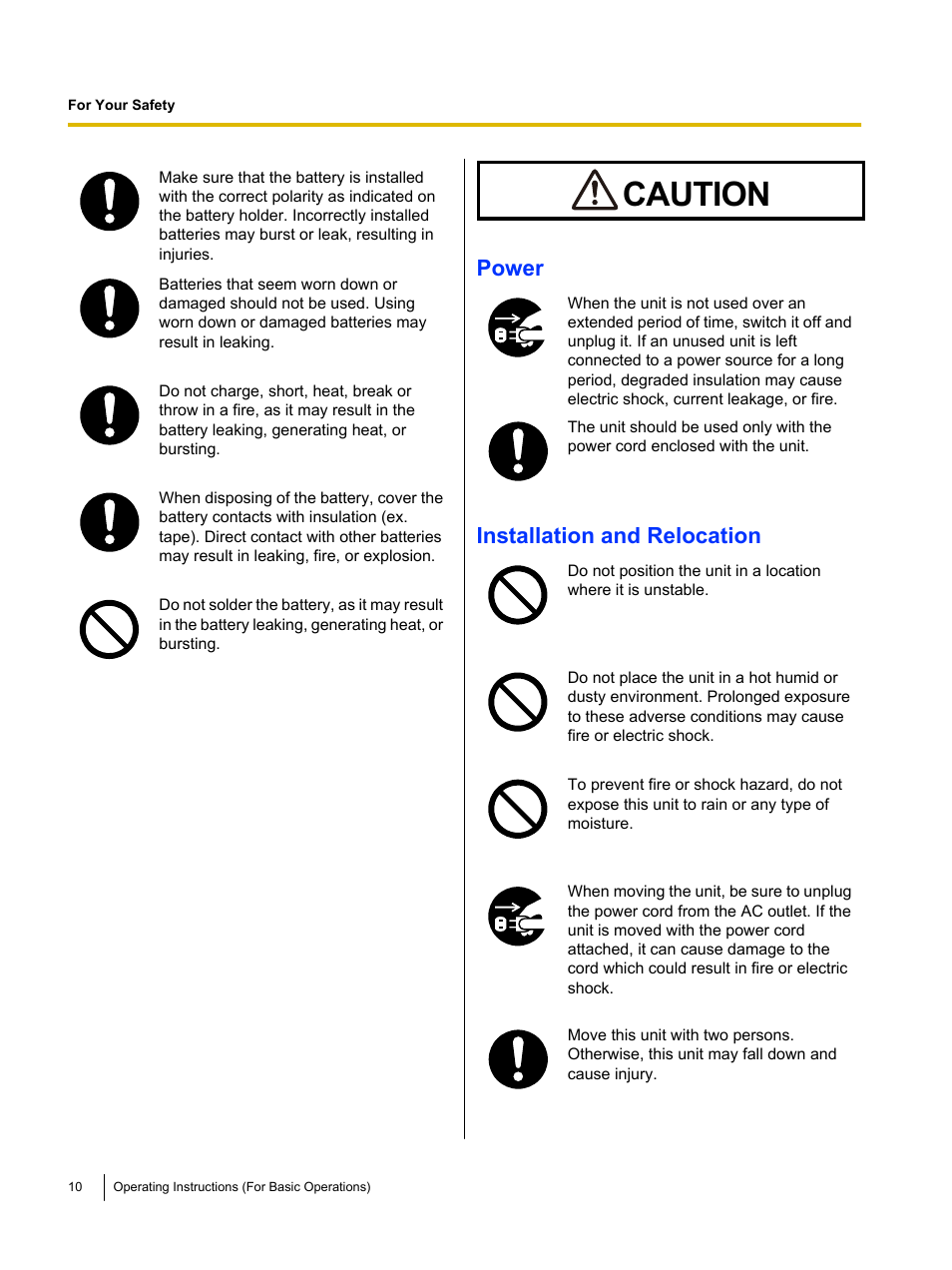 Caution, Power, Installation and relocation | Panasonic UB-T761 User Manual | Page 10 / 64