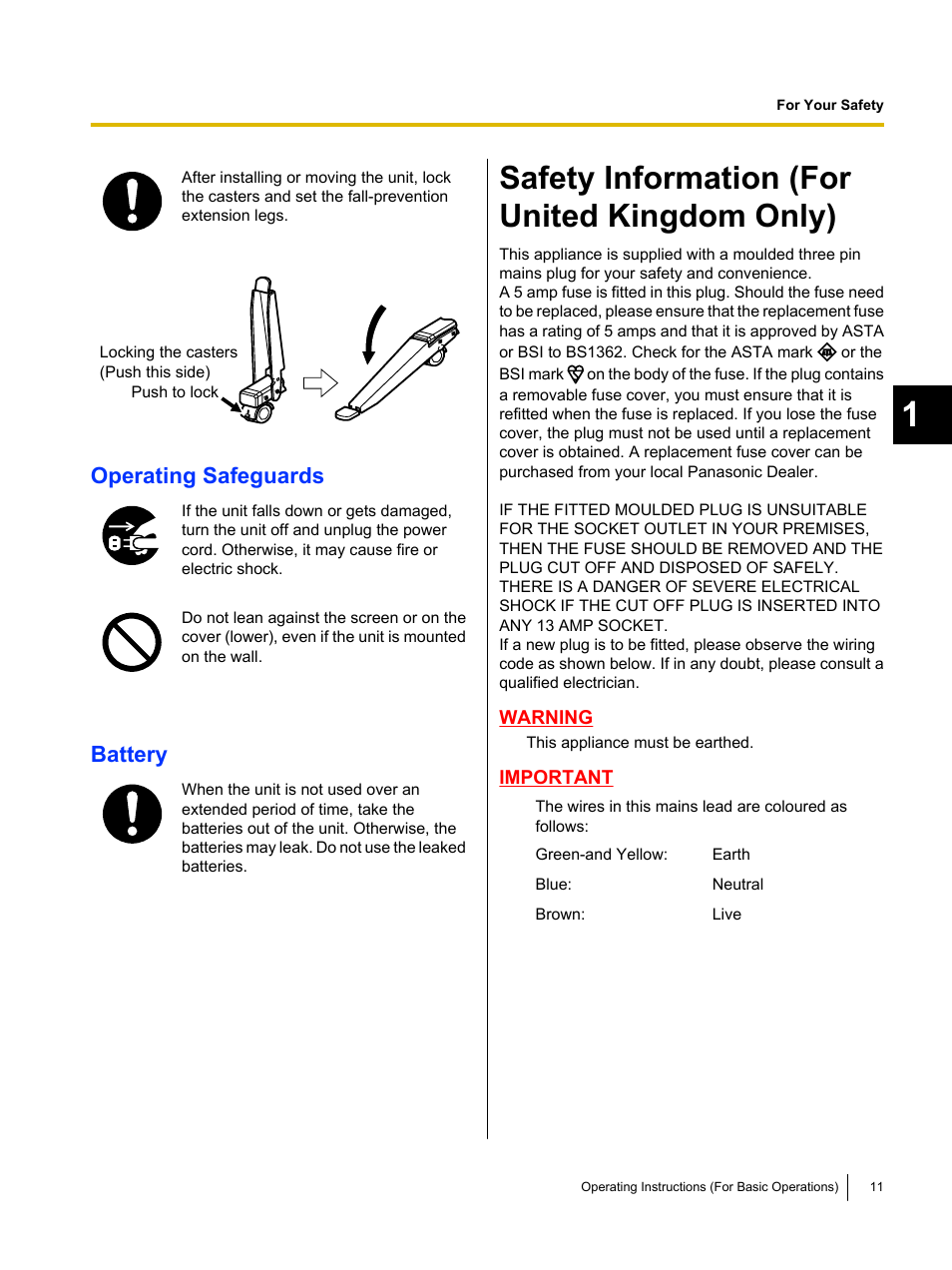Safety information (for united kingdom only), Operating safeguards, Battery | Panasonic UB-T761 User Manual | Page 11 / 64