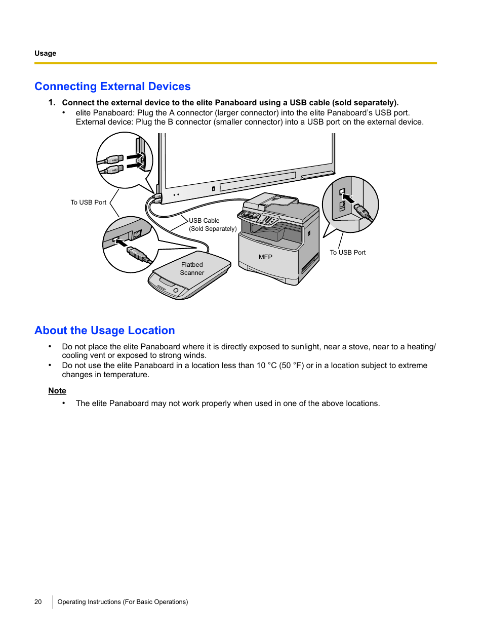 Connecting external devices, About the usage location | Panasonic UB-T761 User Manual | Page 20 / 64