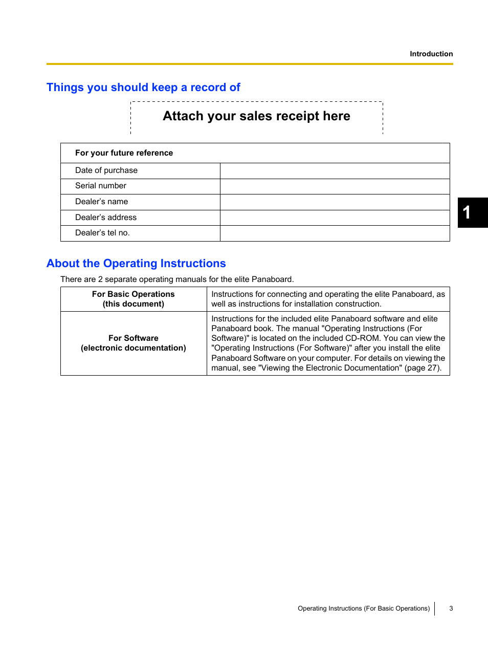 Attach your sales receipt here, Things you should keep a record of, About the operating instructions | Panasonic UB-T761 User Manual | Page 3 / 64