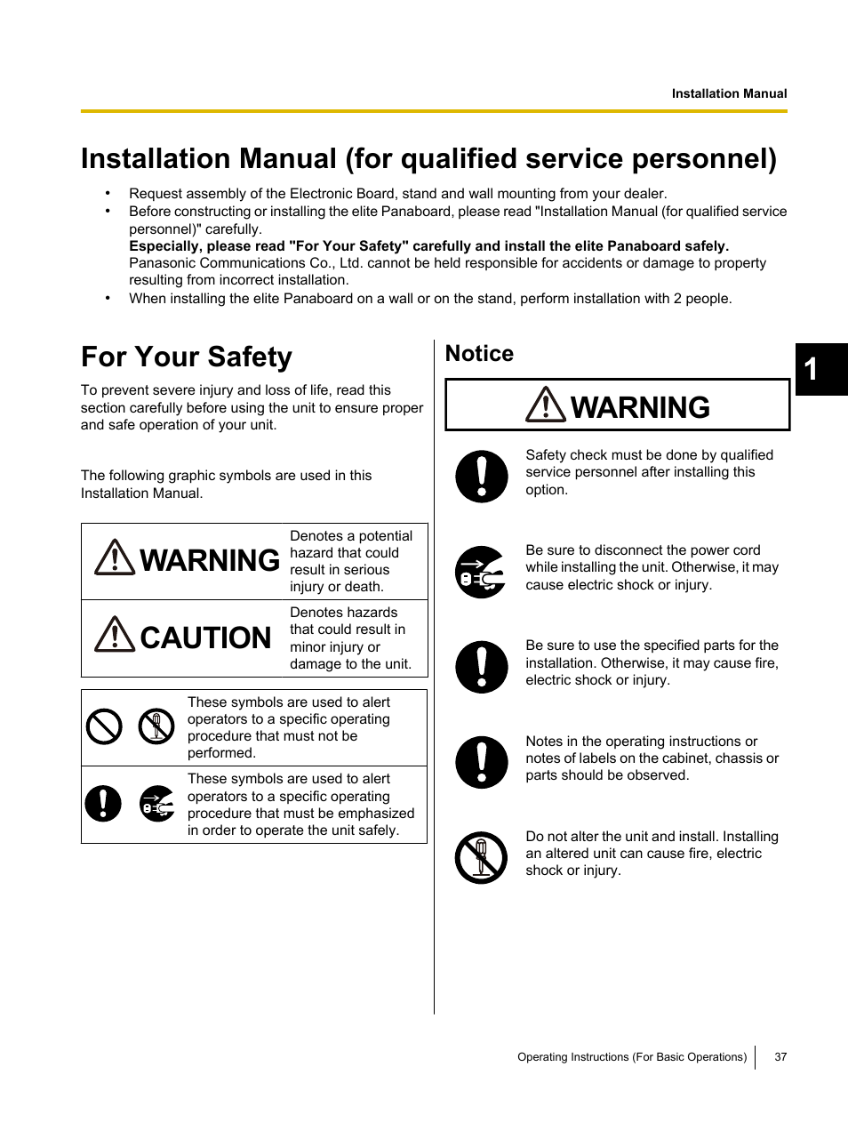 Installation manual, For your safety, Notice | Warning, Caution | Panasonic UB-T761 User Manual | Page 37 / 64