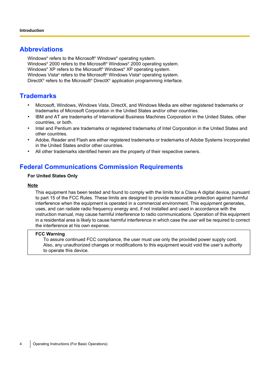 Abbreviations, Trademarks, Federal communications commission requirements | Panasonic UB-T761 User Manual | Page 4 / 64