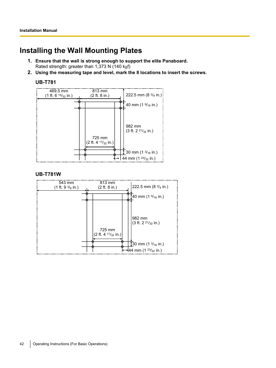 Installing the wall mounting plates, Ub-t781, Ub-t781w | Panasonic UB-T761 User Manual | Page 42 / 64