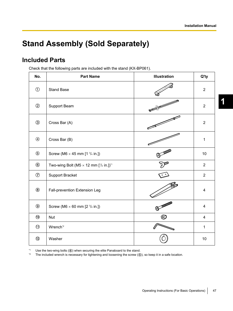 Stand assembly (sold separately), Included parts | Panasonic UB-T761 User Manual | Page 47 / 64