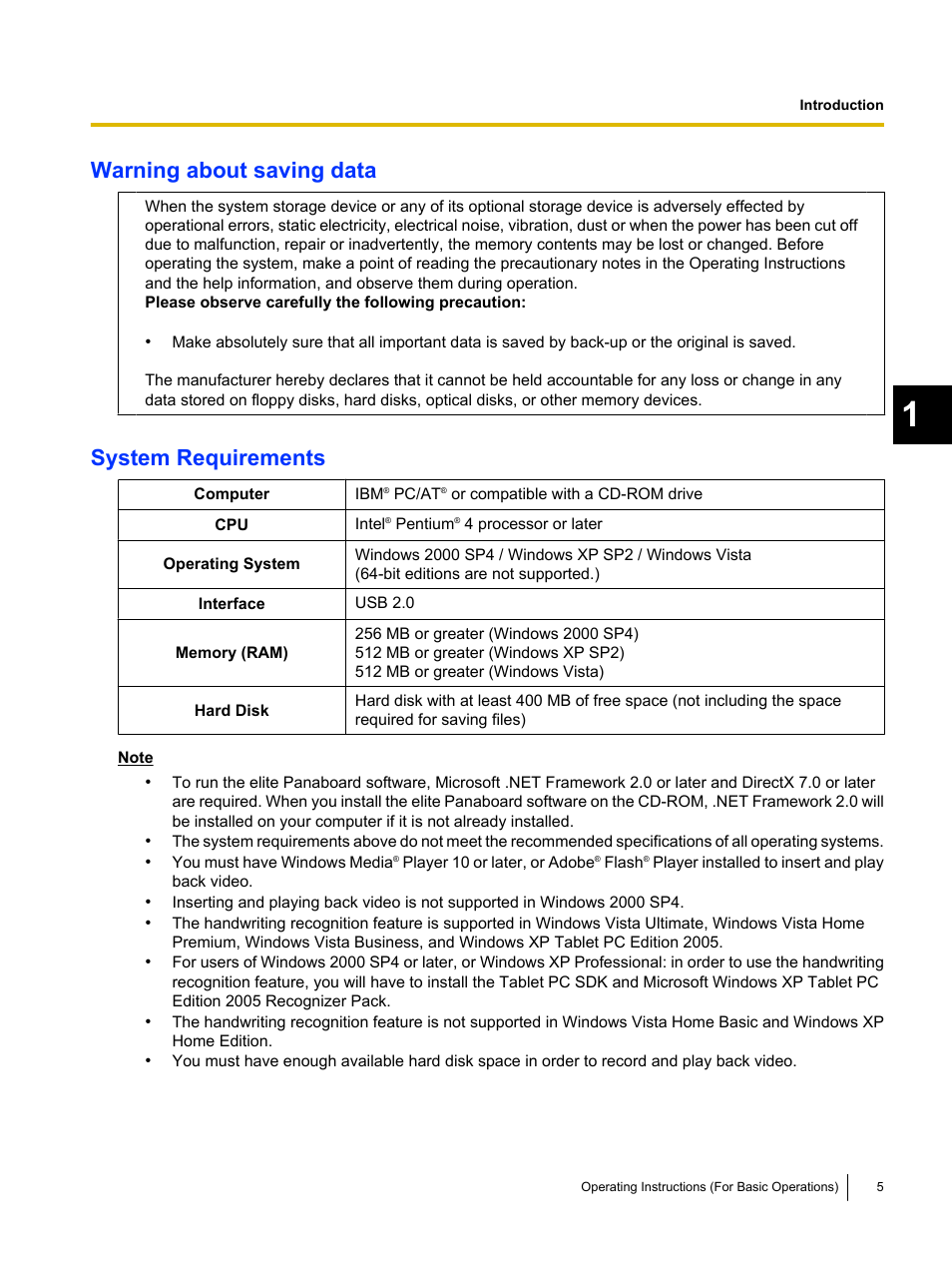 Warning about saving data, System requirements | Panasonic UB-T761 User Manual | Page 5 / 64
